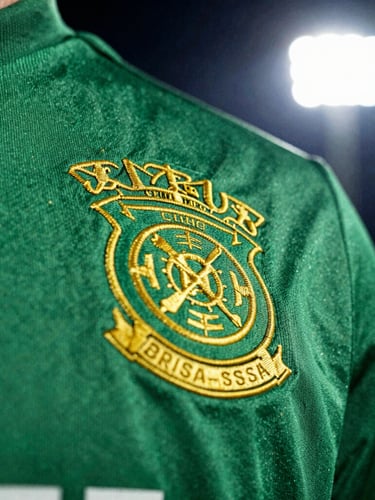 Dynamic macro sports photography, extreme close-up of a football shirt's embroidered golden crest on green fabric, high-contrast stadium floodlight, raw film grain, 35mm lens