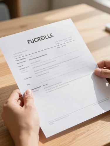 Hands holding a clearly marked paper utility bill on a clean wooden table, with sunlight streaming across the document.