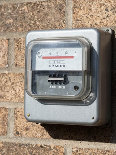 A close-up photograph of a residential electric meter on an exterior brick wall under bright daylight, sharp focus on the glass dial.