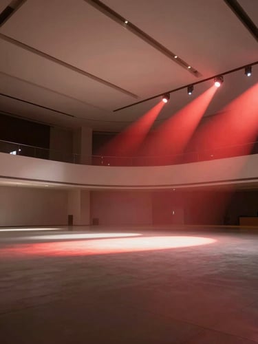 Wide architectural shot of a dramatically lit, empty modern gala hall in Dubai, sharp crimson light beams cutting through soft haze, minimalist Scandinavian design, high-contrast shadows.