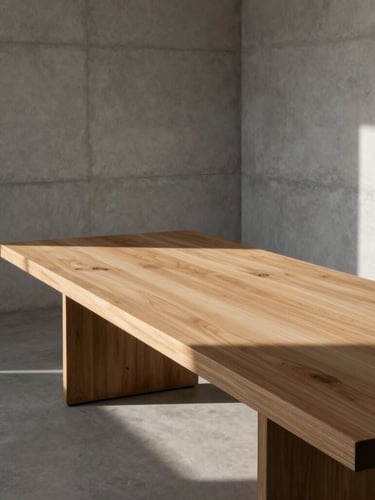A high-angle architectural shot of a minimalist Scandinavian-style boardroom in Dubai, soft diffused northern daylight, concrete walls, a massive oak table, dramatic shadows.