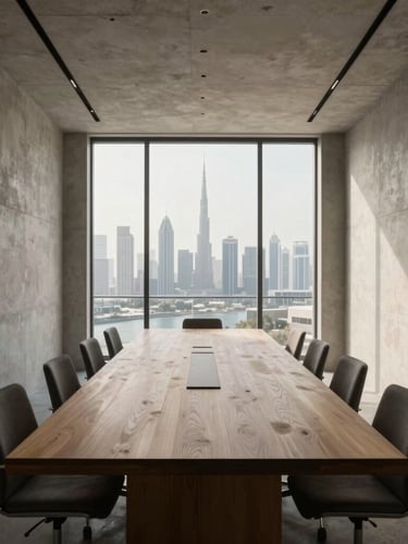 Wide-angle architectural shot of a minimalist Scandinavian boardroom in Dubai, soft diffused morning light, concrete walls, long oak table, view of distant skyline.