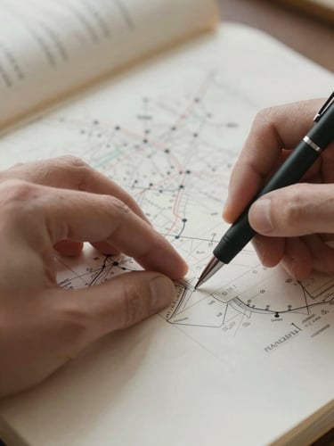 Extreme close-up of hands adjusting a heavy parchment itinerary next to a minimalist matte black pen, soft natural northern light.