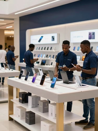 Crisp daylight shot of a modern electronics retail store in a bustling African metropolitan mall, clean shelves stocked with premium devices, professional staff assisting customers, editorial style.