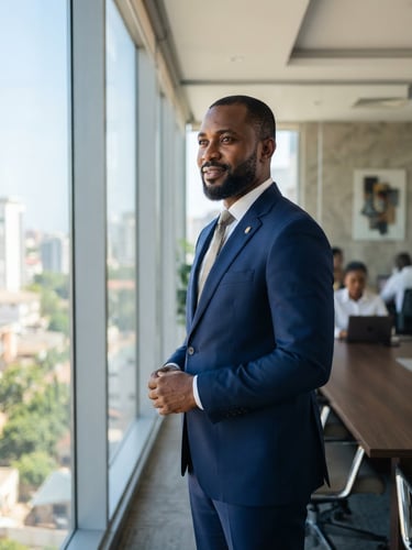 A professional corporate portrait of an African sales director in a modern, sunlit office boardroom in Accra, looking confidently toward the side, sharp editorial focus.