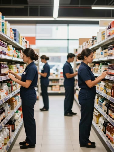 A wide environmental shot of a busy modern retail aisle in a premium Accra supermarket, with professional distributors reviewing product placement on shelves, bright natural lighting.