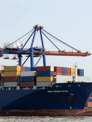 Wide environmental shot of modern container port logistics in West Africa, bright daylight, commercial shipping vessels, editorial corporate photography