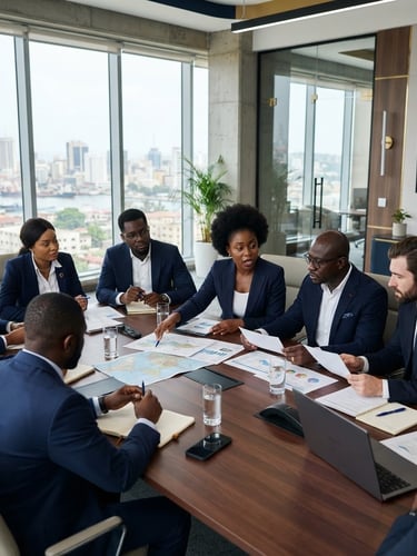 Wide-angle corporate boardroom in Accra, natural daylight, professional West African and international executives in deep navy attire reviewing trade documents on a wooden table, sharp focus.