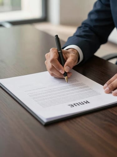 A crisp close-up of a professional hand signing a commercial distribution agreement on a dark wood boardroom table in Accra, natural morning light, editorial corporate style