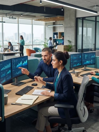 A modern bright office in IT City Mohali, professional analysts collaborating in front of clean dual-monitor setups, cool navy and teal tones, sharp focus.