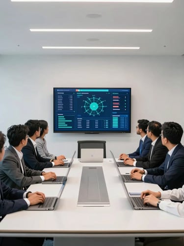 A professional team collaborating in a bright, modern conference room in Mohali, clean screens showing data dashboards, cool navy and teal tones.