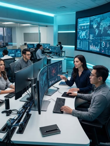 A bright, modern enterprise security operations center with professional analysts collaborating in front of clean data dashboards on dual-monitor setups, cool blue and teal tones.