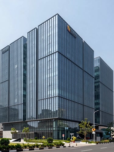 Architectural shot of a modern corporate IT building exterior in IT City Mohali, bright clean daylight, cool blue glass facade, professional landscaping.