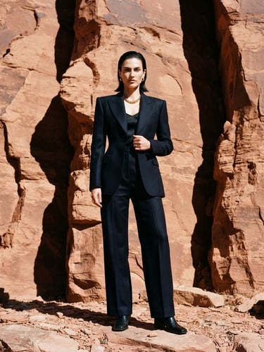 Sharp editorial portrait of a model in high-fashion black tailoring standing against a massive red sandstone cliff in Southern Utah, harsh midday sunlight, deep graphic shadows, rich navy tones.