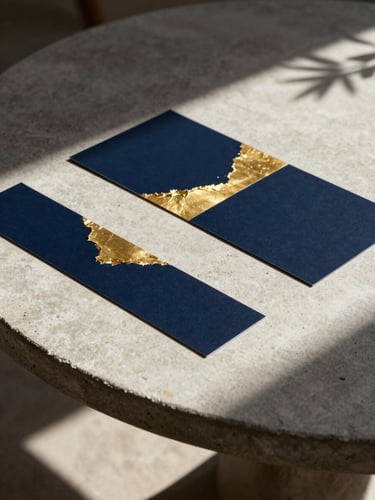 Close-up of a high-end design mockup on a concrete table, harsh shadows cast by direct desert sunlight, gold foil accents catching the light.