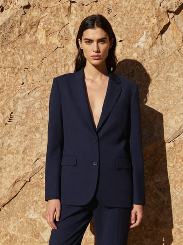High-contrast outdoor portrait of a model standing against a sheer sandstone cliff, harsh direct midday sunlight, sharp shadows, 35mm editorial photography
