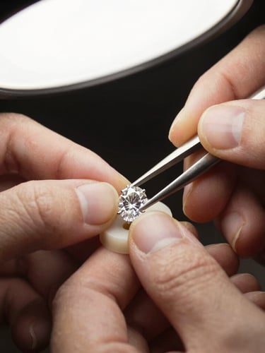 Extreme macro close-up of a master jeweler's hands placing a flawless oval cut diamond onto a wax mold, warm champagne window light, shallow depth of field, 85mm lens