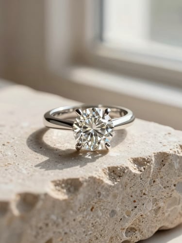 A solitaire diamond ring resting on raw textured light stone, soft side-lit window daylight, macro detail