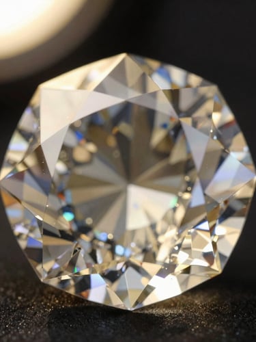 Extreme close-up of a flawless diamond facet catching warm champagne spotlight, showing micro-magnified precision cuts, rich black background