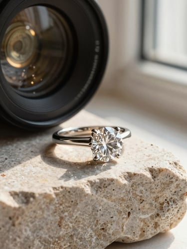 Macro luxury photography of a diamond ring resting on raw textured stone, soft side-lit window daylight, catching champagne gold light, 85mm lens