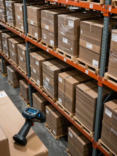 Overhead view of a logistics distribution center, labeled corrugated cartons organized in numbered bin rows on metal shelving, ambient warehouse lighting, a handheld scanner resting on a shelf edge in the lower-left corner