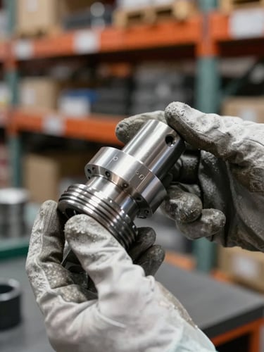 Hands in work gloves closely inspecting a precision-machined steel coupling under bright task lighting, surface finish and part markings clearly visible, blurred warehouse shelving in background