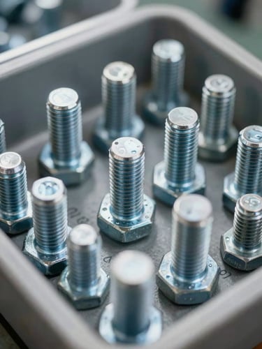 Close macro framing of industrial steel fasteners and hex bolts arranged in a labeled warehouse bin tray, ambient facility fluorescent lighting, shallow depth of field showing thread detail and surface finish, part numbers visible on bin edge
