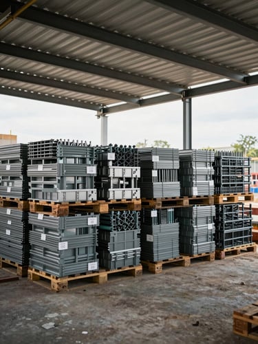 Wide-angle view of an active construction staging area, pallets of labeled structural brackets and anchor hardware stacked in organized rows under a corrugated metal roof, diffuse north-facing daylight, no workers in foreground