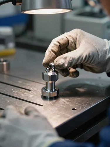 Close macro shot of a worker's gloved hands inspecting a precision-machined metal fastener on a steel workbench, overhead task lighting casting sharp shadows, manufacturing floor equipment visible in the soft background