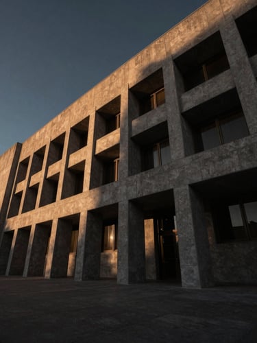 Dramatic architectural photograph of the Mexicali judicial district building, sharp concrete angles, low-key lighting with high-contrast bronze sunbeams, wide-angle lens