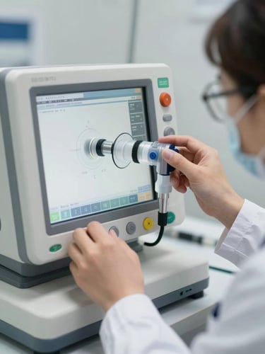 Close-up of a certified biomedical engineer calibrating a high-tech medical ventilator screen, clinical white light, precise focus