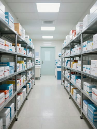 Wide panoramic shot of a pristine hospital supply corridor, sterile stainless steel shelving units holding neatly organized pharmaceutical boxes, bright cool clinical lighting, daytime.