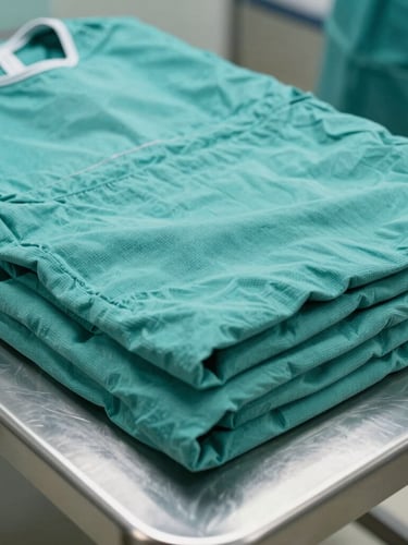 Close-up of sterile, neatly folded teal surgical gowns on a stainless steel preparation table under bright clinical daylight, showcasing high-density weave texture