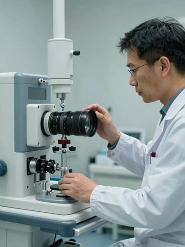 Certified biomedical engineer calibrating a complex medical ventilator in a pristine clinical environment, cool daylight, medium shot showing technical precision