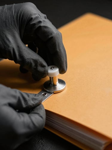 Close-up of hands in dark-grey technical gloves applying a tamper-evident security seal to a heavy-stock document folder, dramatic low-key lighting, sharp focus, 35mm film.