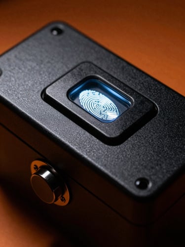 Macro shot of a matte-black secure lockbox with a glowing biometric fingerprint scanner, sharp highlights, low-key dramatic studio lighting, 35mm film