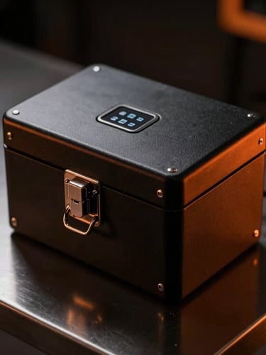 Sleek, matte-black secure lockbox on a dark metal table, dramatic low-key lighting with sharp safety-orange highlights, macro focus on a biometric scanner, 35mm film.