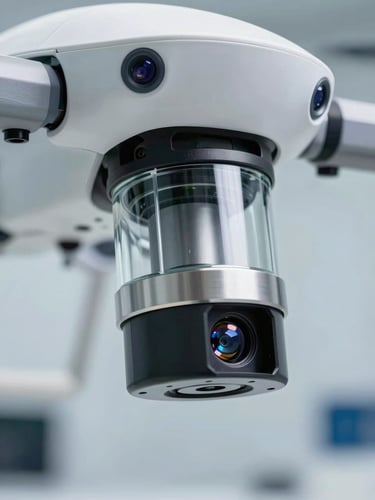 Extreme close-up of a high-precision agricultural drone sensor, clean brushed metal and glass, clinical laboratory background with cool white lighting.
