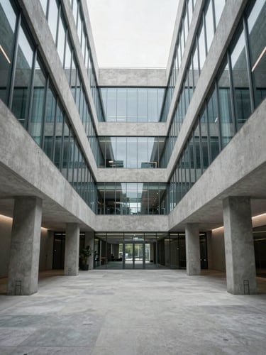 Symmetrical, wide-angle shot of a minimalist concrete and glass corporate headquarters interior, cool overcast daylight, sharp clean lines, no people.