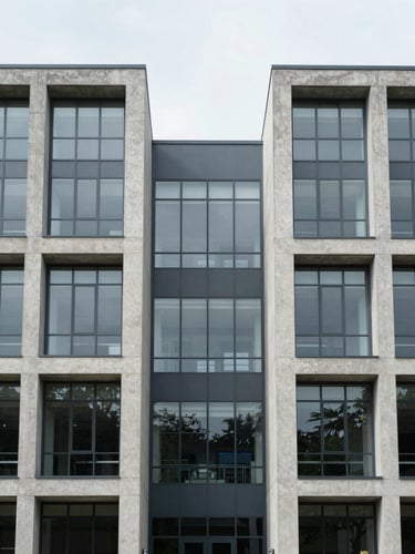 Symmetrical architectural shot of a modern concrete and glass institutional facade, diffused overcast daylight, clean lines, minimalist composition.