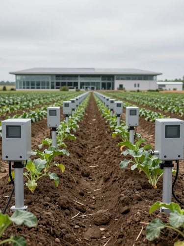 Symmetrical wide shot of automated soil monitoring array in a high-tech organic crop field, diffused overcast daylight, clean modern agricultural architecture in the distant background.