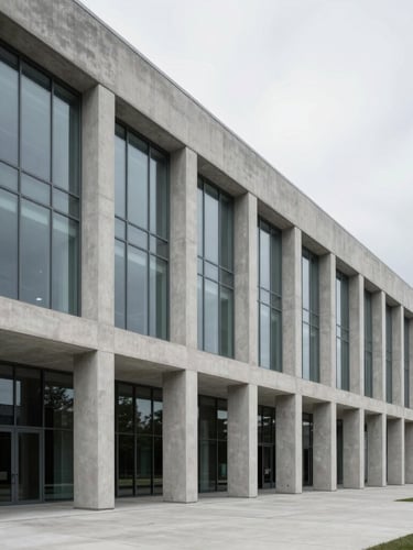 Wide architectural view of a minimalist concrete and glass corporate headquarters, clean lines, overcast diffused daylight, strong vertical columns.