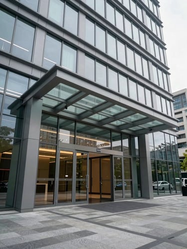 Wide architectural shot of a modern commercial office building entry, glass facade and steel canopy framing the entrance, natural daylight, empty lobby visible through glass doors, cool overcast light, shot from a slight low angle emphasizing the building's clean lines