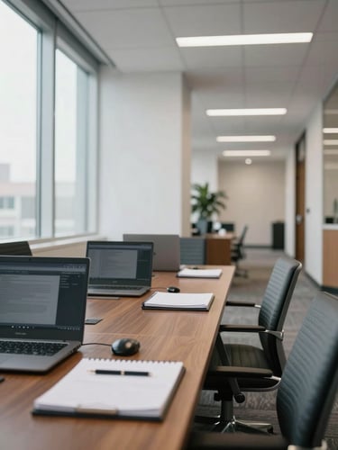 Wide interior shot of a professional office suite in a DFW commercial building — a conference table with laptops and legal notepads visible, natural window light flooding in from the left, clean white walls and gray carpet, depth of field softening the background hallway, no people present