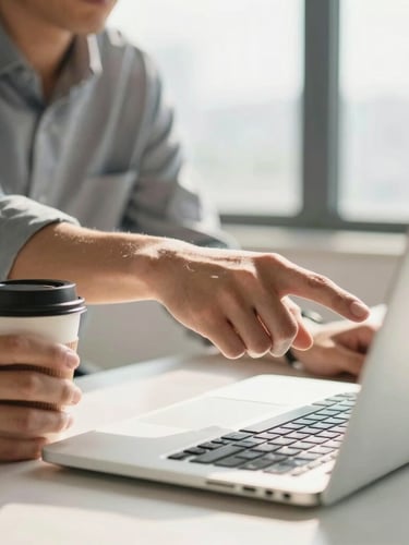 Close-up of two travel agents collaborating on a laptop in a bright, modern office, one pointing at the screen with a coffee cup nearby. Natural window light, soft shadows, clean modern workspace.