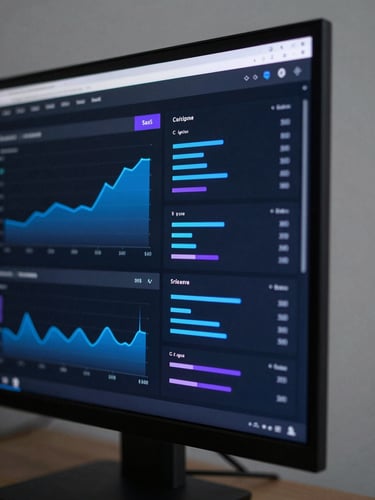 Extreme close-up angle of a dark SaaS dashboard interface on a modern monitor, cold studio lighting, electric blue data charts and violet accent glows visible on the screen, minimal workspace, high contrast, no people