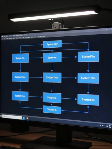 System architecture diagram on a dark monitor screen showing interconnected service nodes in electric blue on near-black background, cold studio strobe from top, technical schematic aesthetic, no people