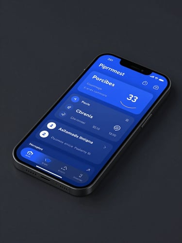 Mobile app interface mockup on a dark screen, electric blue UI components, minimal layout showing a productivity dashboard with clean typography, cold studio lighting, overhead flat-lay angle, no people