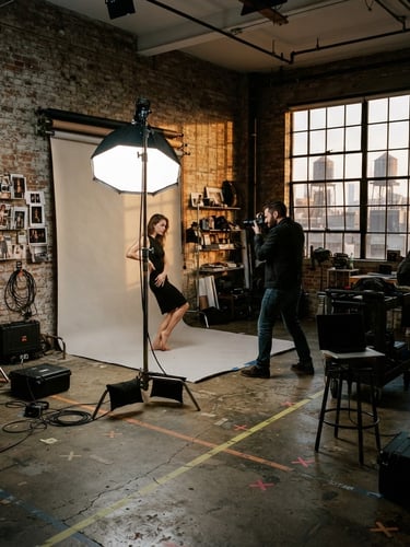 Cinematic wide shot of a messy Brooklyn photography studio, industrial brick walls, a heavy C-stand holding a softbox, tape markings on the concrete floor, warm directional window light mixing with a cold strobe flash, rich film grain.