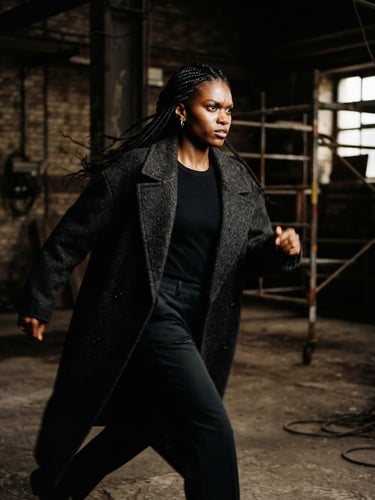 Moody editorial photography, high-contrast studio lighting, close-up of a model in motion against a raw industrial backdrop, warm film grain, 35mm cinematic composition